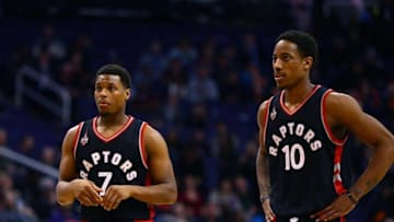Feb 2, 2016; Phoenix, AZ, USA; Toronto Raptors guard Kyle Lowry (7) and guard DeMar DeRozan (10) against the Phoenix Suns at Talking Stick Resort Arena. The Raptors defeated the Suns 104-97. Mandatory Credit: Mark J. Rebilas-USA TODAY Sports