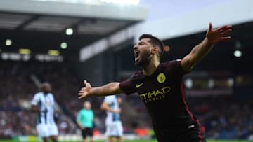 WEST BROMWICH, ENGLAND - OCTOBER 29: Sergio Aguero of Manchester City celebrates scoring the opening goal during the Premier League match between West Bromwich Albion and Manchester City at The Hawthorns on October 29, 2016 in West Bromwich, England. (Photo by Laurence Griffiths/Getty Images)