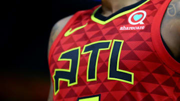 Feb 8, 2018; Orlando, FL, USA; A view of the Hawks and Sharecare logo on the Nike jersey of Atlanta Hawks guard Malcolm Delaney (5) against the Orlando Magic at Amway Center. Mandatory Credit: Aaron Doster-USA TODAY Sports