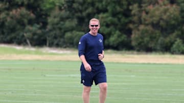 May 25, 2016; Irving, TX, USA; Dallas Cowboys head coach Jason Garrett smiles during organized team activities at Dallas Cowboys Headquarters. Mandatory Credit: Matthew Emmons-USA TODAY Sports