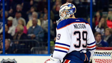 Jan 19, 2016; Tampa, FL, USA; Edmonton Oilers goalie Anders Nilsson (39) looks on against the Tampa Bay Lightning during the second period at Amalie Arena. Mandatory Credit: Kim Klement-USA TODAY Sports
