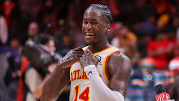 Nov 7, 2022; Atlanta, Georgia, USA; Atlanta Hawks forward AJ Griffin (14) celebrates after a victory against the Milwaukee Bucks at State Farm Arena. Mandatory Credit: Brett Davis-USA TODAY Sports