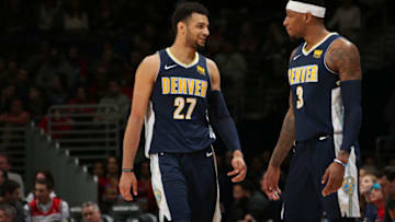 WASHINGTON, DC - MARCH 23: Jamal Murray #27 and Torrey Craig #3 of the Denver Nuggets during the game against the Washington Wizards on March 23, 2018 at Capital One Arena in Washigton, DC. NOTE TO USER: User expressly acknowledges and agrees that, by downloading and or using this Photograph, user is consenting to the terms and conditions of the Getty Images License Agreement. Mandatory Copyright Notice: Copyright 2018 NBAE (Photo by Ned Dishman/NBAE via Getty Images)