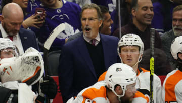 Dec 22, 2022; Toronto, Ontario, CAN; Philadelphia Flyers head coach John Tortorella talks to his team during the third period against the Toronto Maple Leafs at Scotiabank Arena. Mandatory Credit: John E. Sokolowski-USA TODAY Sports