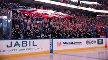 TAMPA, FL - DECEMBER 3: Fans pass the flag across during the National Anthem before the game between the Tampa Bay Lightning and the Washington Capitals at Amalie Arena on December 3, 2016 in Tampa, Florida. (Photo by Scott Audette/NHLI via Getty Images)