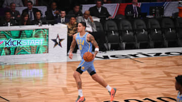 LOS ANGELES, CA - FEBRUARY 16: Kyle Kuzma #0 of the U.S. Team dribbles during the Mtn Dew Kickstart Rising Stars Game during All-Star Friday Night as part of 2018 NBA All-Star Weekend at the STAPLES Center on February 16, 2018 in Los Angeles, California. NOTE TO USER: User expressly acknowledges and agrees that, by downloading and/or using this photograph, user is consenting to the terms and conditions of the Getty Images License Agreement. Mandatory Copyright Notice: Copyright 2018 NBAE (Photo by Noah Graham/NBAE via Getty Images)
