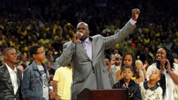Apr 2, 2013; Los Angeles, CA, USA; The jersey of Los Angeles Lakers former player Shaquille O