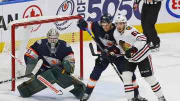 Edmonton Oilers EBUG Matt Berlin gets in late in game. Mandatory Credit: Perry Nelson-USA TODAY Sports