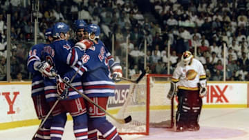 Jun 1994: The New York Rangers celebrate as they score against the Vancover Canucks during the Stanley Cup Finals at the Pacific Coliseum in Vancover, Canada. Mandatory Credit: Mike Powell /Allsport