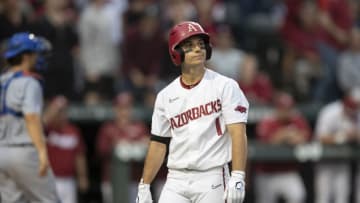FAYETTEVILLE, ARKANSAS - MAY 20: Robert Moore #1 of the Arkansas Baseball team watches his ball go foul during a game against the Florida Gators at Baum-Walker Stadium at George Cole Field on May 20, 2021 in Fayetteville, Arkansas. The Razorbacks defeated the Gators 6-1. (Photo by Wesley Hitt/Getty Images)