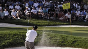 ROCHESTER, NY - AUGUST 16: Shaun Micheel of the USA hits out of the bunker of the 11th during the third round of the 85th PGA Championship at Oak Hill Country Club on August 16, 2003 in Rochester, New York. (Photo by Matthew Stockman/Getty Images)