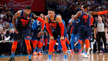 OKC Thunder forward Paul George and guard Russell Westbrook (Photo by Jeff Haynes/NBAE via Getty Images)
