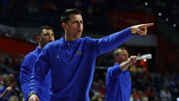 Jan 25, 2023; Gainesville, Florida, USA; Florida Gators head coach Todd Golden reacts against the South Carolina Gamecocks during the first half at Exactech Arena at the Stephen C. O'Connell Center. Mandatory Credit: Kim Klement-USA TODAY Sports