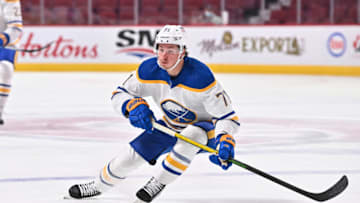 MONTREAL, QC - FEBRUARY 13: Victor Olofsson #71 of the Buffalo Sabres skates against the Montreal Canadiens during the first period at Centre Bell on February 13, 2022 in Montreal, Canada. The Buffalo Sabres defeated the Montreal Canadiens 5-3. (Photo by Minas Panagiotakis/Getty Images)