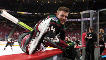 GLENDALE, AZ - MARCH 02: Kevin Connauton #44 of the Arizona Coyotes stretches prior to a game against the Detroit Red Wings at Gila River Arena on March 2, 2019 in Glendale, Arizona. (Photo by Norm Hall/NHLI via Getty Images)