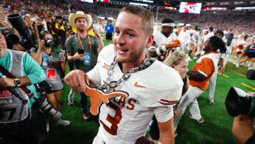 Sep 9, 2023; Tuscaloosa, Alabama, USA; Texas Longhorns quarterback Quinn Ewers (3) celebrates their 34-24 victory over the Alabama Crimson Tide at Bryant-Denny Stadium. Mandatory Credit: John David Mercer-USA TODAY Sports