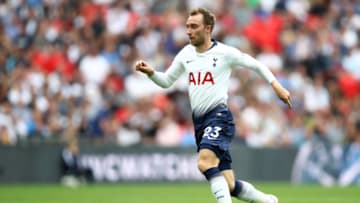 LONDON, ENGLAND - AUGUST 18: Christian Eriksen of Tottenham Hotspur runs with the ball during the Premier League match between Tottenham Hotspur and Fulham FC at Wembley Stadium on August 18, 2018 in London, United Kingdom. (Photo by Julian Finney/Getty Images)