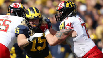 ANN ARBOR, MI - OCTOBER 06: Chase Winovich #15 of the Michigan Wolverines rushes the quarter back against Sean Christie #70 of the Maryland Terrapins on October 6, 2018 at Michigan Stadium in Ann Arbor, Michigan. Michigan won the game 42-12. (Photo by Gregory Shamus/Getty Images)