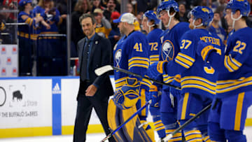 Jan 19, 2023; Buffalo, New York, USA; Former Buffalo Sabres goalie Ryan Miller celebrates his teams win against the New York Islanders at KeyBank Center. Mandatory Credit: Timothy T. Ludwig-USA TODAY Sports