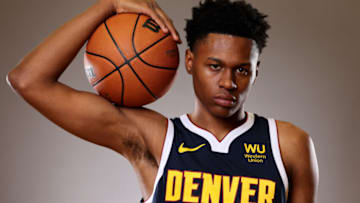 LAS VEGAS, NEVADA - JULY 14: Peyton Watson #8 of the Denver Nuggets poses during the 2022 NBA Rookie Portraits at UNLV on July 14, 2022 in Las Vegas, Nevada. NOTE TO USER: User expressly acknowledges and agrees that, by downloading and/or using this photograph, User is consenting to the terms and conditions of the Getty Images License Agreement. (Photo by Gregory Shamus/Getty Images)