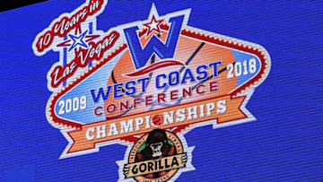 LAS VEGAS, NV - MARCH 05: A logo for the West Coast Conference basketball tournament is shown on a screen during a semifinal game between the Brigham Young Cougars and the Saint Mary's Gaels at the Orleans Arena on March 5, 2018 in Las Vegas, Nevada. The Cougars won 85-72. (Photo by Ethan Miller/Getty Images)