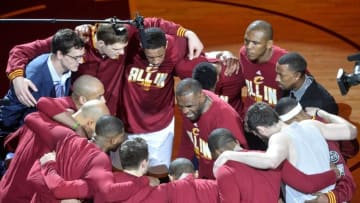 May 25, 2016; Cleveland, OH, USA; Cleveland Cavaliers forward LeBron James (23) reacts during introductions prior to game five of the Eastern conference finals of the NBA Playoffs at Quicken Loans Arena. Mandatory Credit: David Richard-USA TODAY Sports