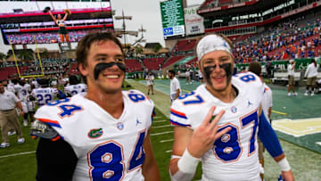 Florida Gators tight end Nick Elksnis (84) and Florida Gators tight end Jonathan Odom (87) celebrate after the Florida Gators defeated the University of South Florida Bulls 42-20 Saturday September 11, 2021 at Raymond James Stadium in Tampa, Florida. [Doug Engle/Gainesville Sun]2021Flgai 091121 Ufvsusf