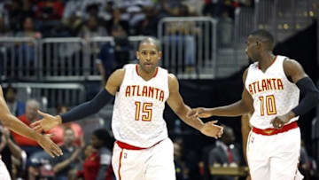 Mar 25, 2016; Atlanta, GA, USA; Atlanta Hawks center Al Horford (15) celebrates a play with teammates in the second quarter of their game against the Milwaukee Bucks at Philips Arena. Mandatory Credit: Jason Getz-USA TODAY Sports