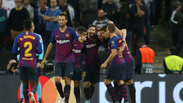 LONDON, ENGLAND - OCTOBER 03: Barcelona's Ivan Rakitic is congratulated after scoring his side's second goal during the Group B match of the UEFA Champions League between Tottenham Hotspur and FC Barcelona at Wembley Stadium on October 3, 2018 in London, United Kingdom. (Photo by Rob Newell - CameraSport via Getty Images)