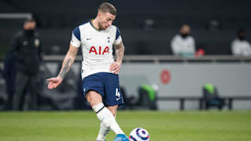 LONDON, ENGLAND - MARCH 07: Toby Alderweireld of Tottenham Hotspur controls the ball during the Premier League match between Tottenham Hotspur and Crystal Palace at Tottenham Hotspur Stadium on March 7, 2021 in London, United Kingdom. Sporting stadiums around the UK remain under strict restrictions due to the Coronavirus Pandemic as Government social distancing laws prohibit fans inside venues resulting in games being played behind closed doors. (Photo by Sebastian Frej/MB Media/Getty Images)