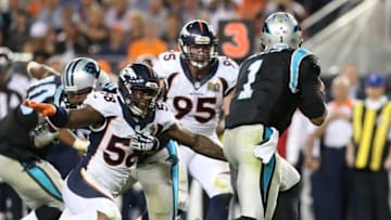 Feb 7, 2016; Santa Clara, CA, USA; Denver Broncos linebacker Von Miller (58) sacks Carolina Panthers quarterback Cam Newton (1) in Super Bowl 50 at Levi