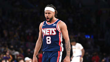 LOS ANGELES, CA - DECEMBER 25: Patty Mills #8 of the Brooklyn Nets reacts after a three-point basket in the second half of the game against the Los Angeles Lakers at Crypto.com Arena on December 25, 2021 in Los Angeles, California. NOTE TO USER: User expressly acknowledges and agrees that, by downloading and/or using this Photograph, user is consenting to the terms and conditions of the Getty Images License Agreement. (Photo by Jayne Kamin-Oncea/Getty Images)