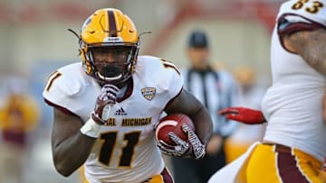 Nov 4, 2016; Oxford, OH, USA; Central Michigan Chippewas running back Jahray Hayes (11) carries the ball against the Miami (Oh) Redhawks in the first half at Fred Yager Stadium. Mandatory Credit: Aaron Doster-USA TODAY Sports