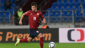 Czech Republic's midfielder Adam Hlozek controls the ball during the FIFA World Cup Qatar 2022 qualification Group E football match between the Czech Republic and Belarus, at the Mestsky stadium in Ostrava, Czech Republic on September 2, 2021. (Photo by Michal CIZEK / AFP) (Photo by MICHAL CIZEK/AFP via Getty Images)