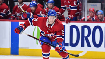 MONTREAL, QC - FEBRUARY 27: Charles Hudon #54 of the Montreal Canadiens skates against the New York Rangers during the first period at the Bell Centre on February 27, 2020 in Montreal, Canada. The New York Rangers defeated the Montreal Canadiens 5-2. (Photo by Minas Panagiotakis/Getty Images)