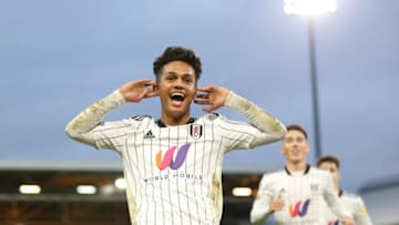 LONDON, ENGLAND - NOVEMBER 20: Fabio Carvalho of Fulham celebrates after scoring their team's second goal during the Sky Bet Championship match between Fulham and Barnsley at Craven Cottage on November 20, 2021 in London, England. (Photo by Jacques Feeney/Getty Images)