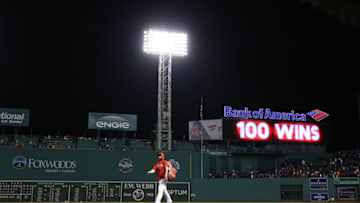 BOSTON, MA - SEPTEMBER 12: A display board over the bleacher section celebrates the Boston Red Sox 100th win of the season after the Sox defeat the Toronto Blue Jays 1-0 at Fenway Park on September 12, 2018 in Boston, Massachusetts.(Photo by Maddie Meyer/Getty Images)