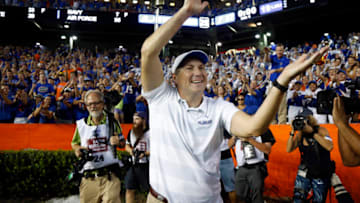 Oct 6, 2018; Gainesville, FL, USA; Florida Gators head coach Dan Mullen does the gator chomp as he celebrates to the fans as they beat the LSU Tigers at Ben Hill Griffin Stadium. Mandatory Credit: Kim Klement-USA TODAY Sports
