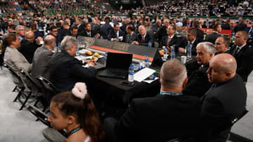 DALLAS, TX - JUNE 22: A general view of the Anaheim Ducks draft table is seen during the first round of the 2018 NHL Draft at American Airlines Center on June 22, 2018 in Dallas, Texas. (Photo by Brian Babineau/NHLI via Getty Images)
