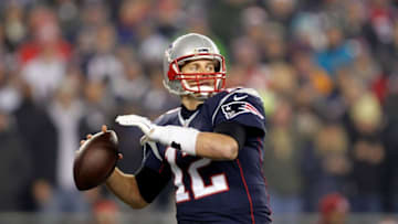 Dec 12, 2016; Foxborough, MA, USA; New England Patriots quarterback Tom Brady (12) looks to throw against the Baltimore Ravens during the first half at Gillette Stadium. Mandatory Credit: Stew Milne-USA TODAY Sports