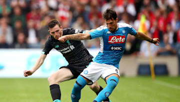 EDINBURGH, SCOTLAND - JULY 28: Simone Verdi of SSC Napoli is challenged by Andy Robertson of Liverpool during the Pre-Season Friendly match between Liverpool FC and SSC Napoli at Murrayfield on July 28, 2019 in Edinburgh, Scotland. (Photo by Ian MacNicol/Getty Images)