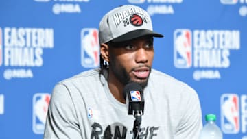 TORONTO, CANADA - MAY 25: Kawhi Leonard #2 of the Toronto Raptors speaks with the media after the game during Game Six of the Eastern Conference Finals on May 25, 2019 at Scotiabank Arena in Toronto, Ontario, Canada. NOTE TO USER: User expressly acknowledges and agrees that, by downloading and/or using this photograph, user is consenting to the terms and conditions of the Getty Images License Agreement. Mandatory Copyright Notice: Copyright 2019 NBAE (Photo by Ron Turenne/NBAE via Getty Images)