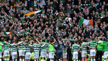 GLASGOW, SCOTLAND - APRIL 29: Celtic players celebrate at the final whistle after beating rangers 5-1 during the Ladbrokes Scottish Premiership match between Rangers FC and Celtic FC at Ibrox Stadium on April 29, 2017 in Glasgow, Scotland. (Photo by Mark Runnacles/Getty Images)