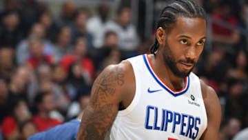 LOS ANGELES, CA - OCTOBER 28: Kawhi Leonard #2 of the LA Clippers looks on during the game against the Charlotte Hornets on October 28, 2019 at STAPLES Center in Los Angeles, California. NOTE TO USER: User expressly acknowledges and agrees that, by downloading and/or using this Photograph, user is consenting to the terms and conditions of the Getty Images License Agreement. Mandatory Copyright Notice: Copyright 2019 NBAE (Photo by Andrew D. Bernstein/NBAE via Getty Images)