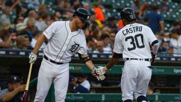 DETROIT, MI - AUGUST 08: Harold Castro #30 of the Detroit Tigers celebrates with teammate Jake Rogers #34 after hitting a three-run home run in the second inning against the Kansas City Royals during a MLB game at Comerica Park on August 8, 2019 in Detroit, Michigan. (Photo by Dave Reginek/Getty Images)