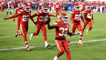 KANSAS CITY, MISSOURI - DECEMBER 06: Tyrann Mathieu #32 of the Kansas City Chiefs celebrates after an interception in the final minutes of a game against the Denver Broncos at Arrowhead Stadium on December 06, 2020 in Kansas City, Missouri. (Photo by Jamie Squire/Getty Images)
