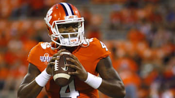 Oct 1, 2016; Clemson, SC, USA; Clemson Tigers quarterback Deshaun Watson (4) warms up prior to the game against the Louisville Cardinals at Clemson Memorial Stadium. Mandatory Credit: Joshua S. Kelly-USA TODAY Sports