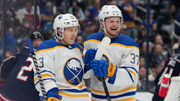 Apr 14, 2023; Columbus, Ohio, USA; Buffalo Sabres center Casey Mittelstadt (37) and Buffalo Sabres left wing Jeff Skinner (53) celebrate a goal during the third period against the Columbus Blue Jackets at Nationwide Arena. Mandatory Credit: Jason Mowry-USA TODAY Sports