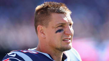 FOXBOROUGH, MA - SEPTEMBER 30: Rob Gronkowski #87 of the New England Patriots looks on during the first half against the Miami Dolphins at Gillette Stadium on September 30, 2018 in Foxborough, Massachusetts. (Photo by Maddie Meyer/Getty Images)