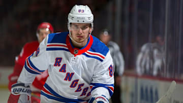 DETROIT, MI - MARCH 08: Pavel Buchnevich #89 of the New York Rangers follows the play against the Detroit Red Wings during an NHL game at Little Caesars Arena on March 8, 2019 in Detroit, Michigan. Detroit defeated New York 3-2 in a shootout. (Photo by Dave Reginek/NHLI via Getty Images)